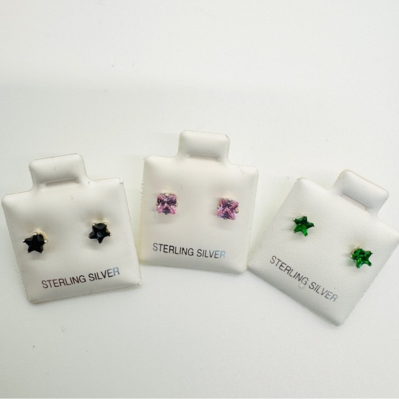 3 Pairs of Sterling Silver Star Earrings Bundle - Black, Pink, Green - Picture 5 of 5